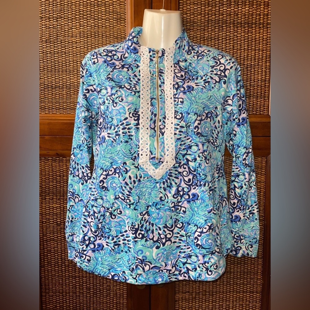 Lilly Pulitzer Blue Embellished Tunic with Mandarin Collar